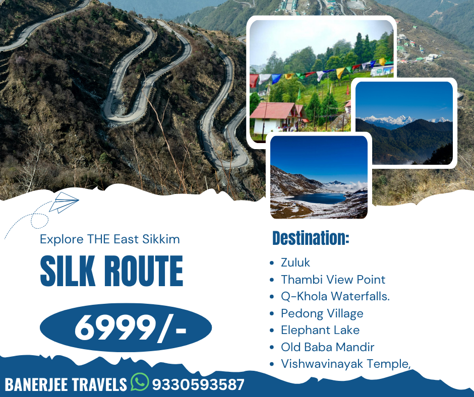 Scenic view of the Silk Route in East Sikkim with winding roads and snow-covered mountains during March 2026 trip